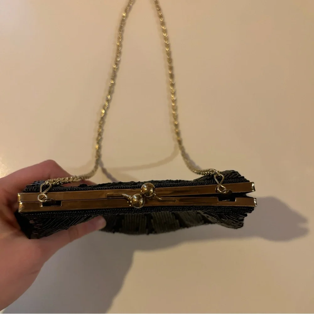Vintage La Regale Beaded Clamshell Evening Bag Black Cocktail Clutch